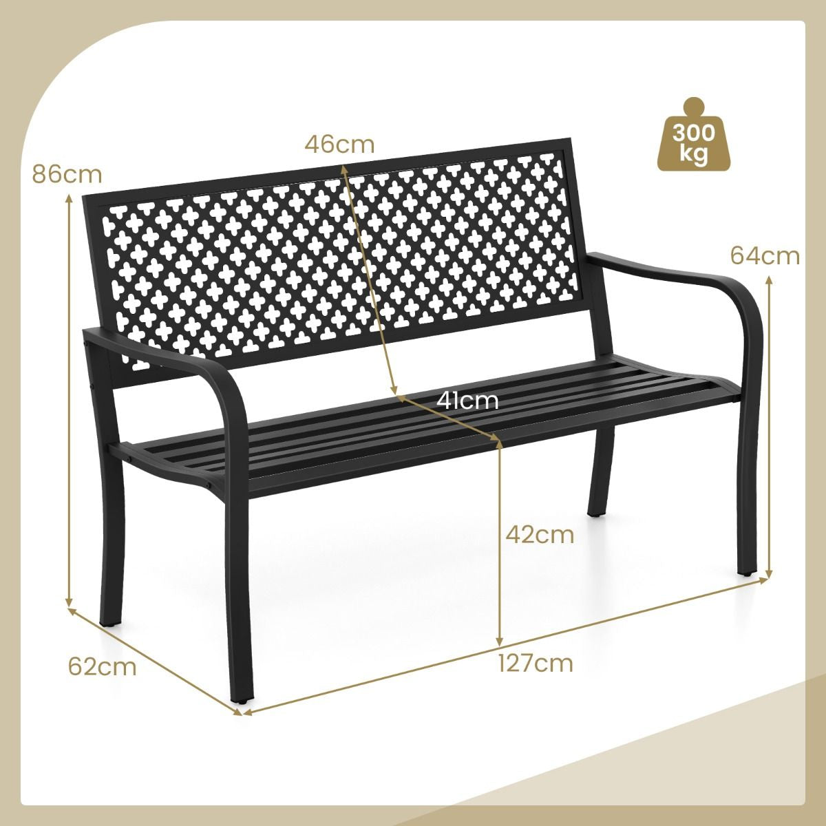Banc de jardin en métal pour deux personnes, avec dossier ajouré et siège à lattes, moderne, 127 cm, noir/rouge.