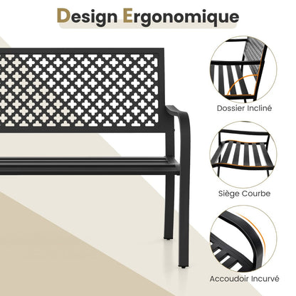 Banc de jardin en métal pour deux personnes, avec dossier ajouré et siège à lattes, moderne, 127 cm, noir/rouge.