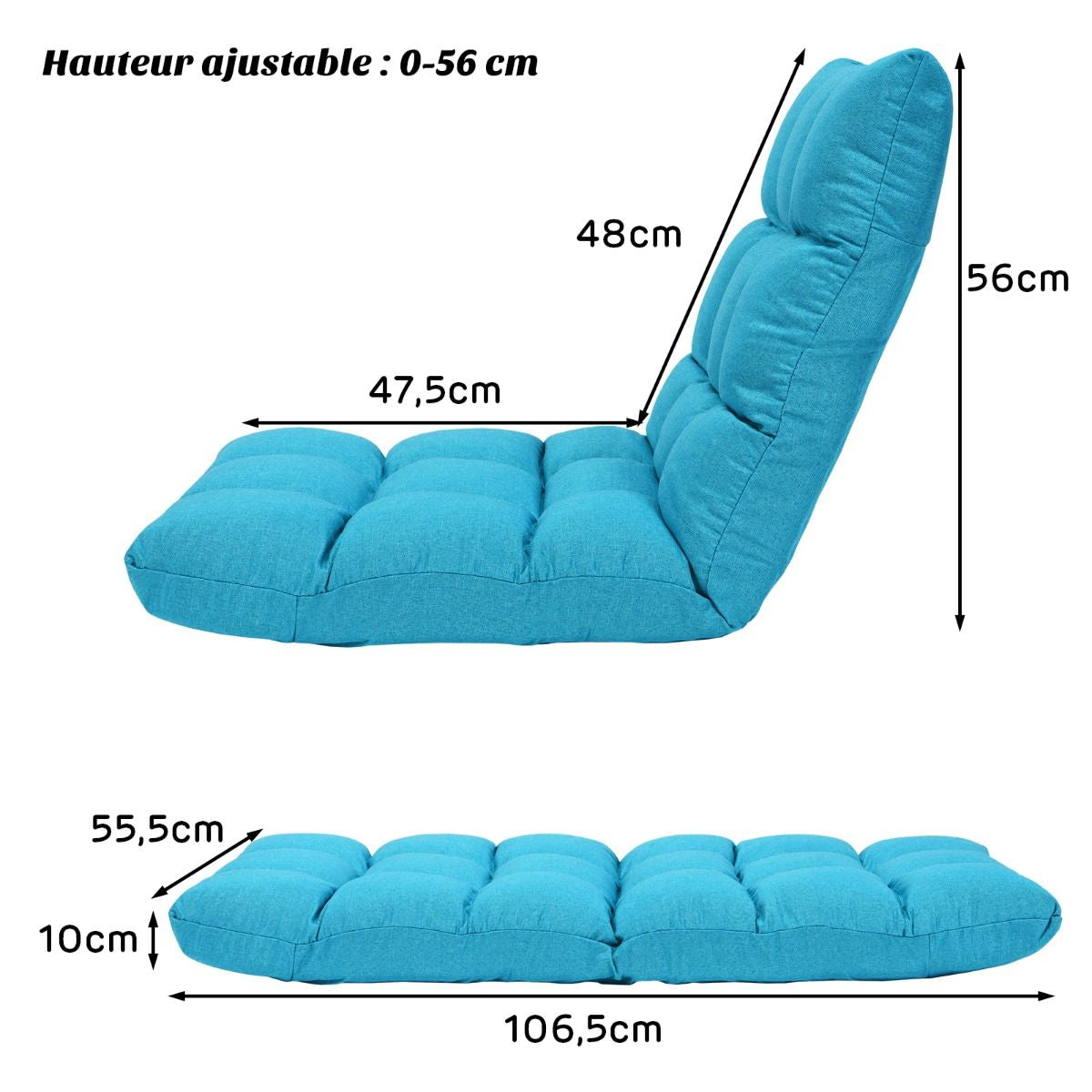 Pliable Chaise de Méditation Canapé-Lit avec 14 Positions Réglables - Dimensions 54,5 x 54,5 x 56 cm - Disponible en 12 Couleurs