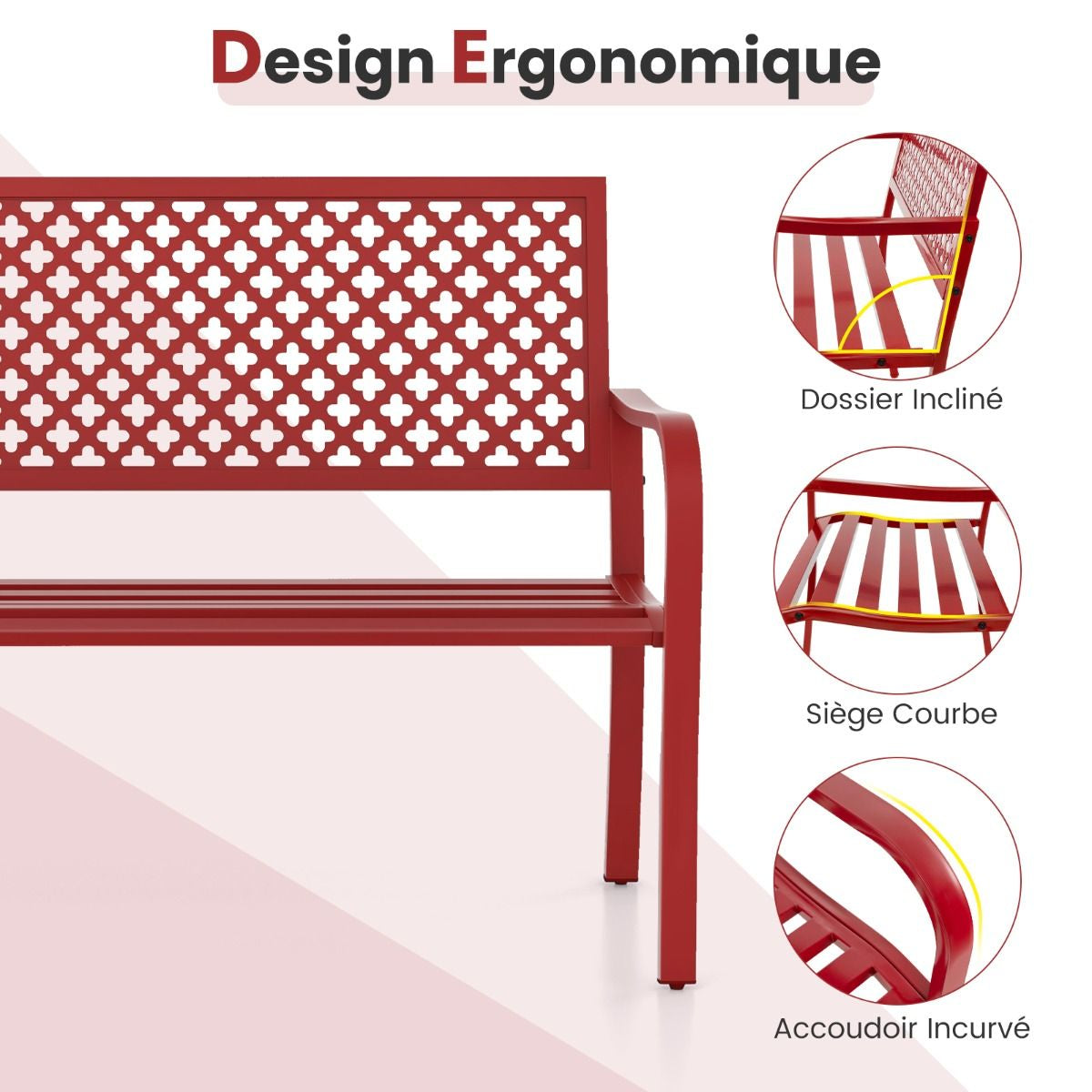 Banc de jardin en métal pour deux personnes, avec dossier ajouré et siège à lattes, moderne, 127 cm, noir/rouge.