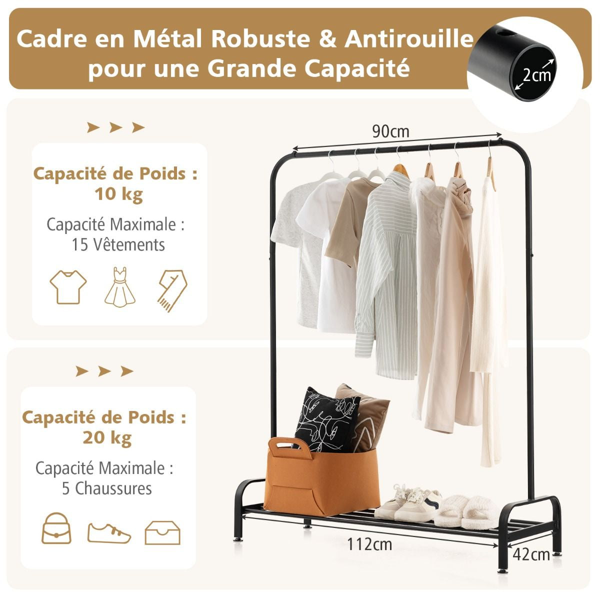 Portant à Vêtements avec Étagère à Chaussures, Hauteur 145 cm, Tube en Fer, 4 Pieds Réglables, Noir