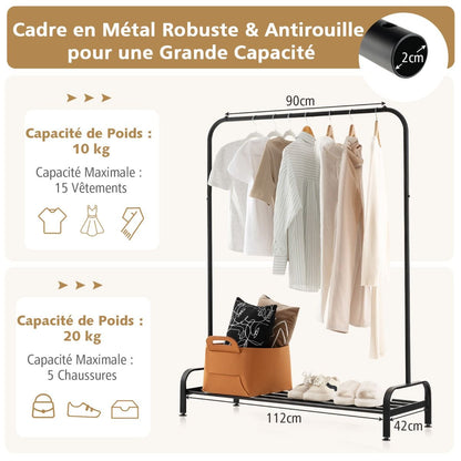Portant à Vêtements avec Étagère à Chaussures, Hauteur 145 cm, Tube en Fer, 4 Pieds Réglables, Noir