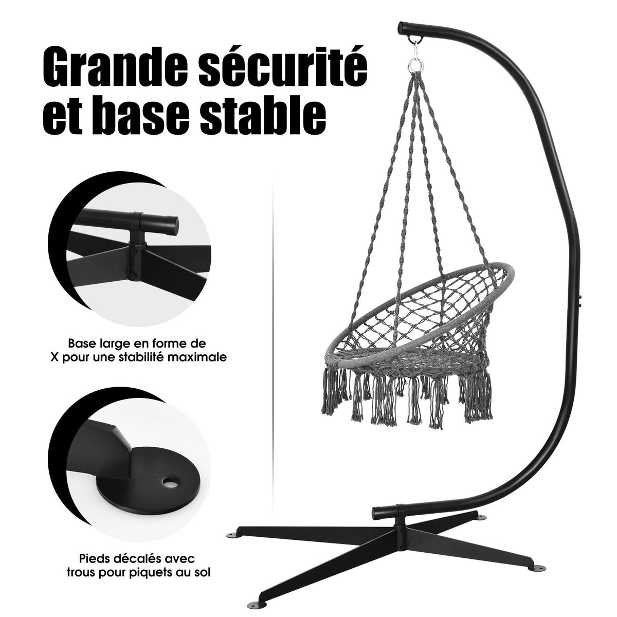 Suspension Garden Chair Support, Maximum Load 150 KG, Height 207 CM, Steel Cross Base, Indoor/Outdoor C-Shaped Design