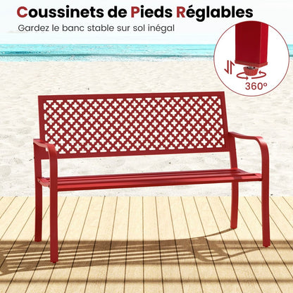 Banc de jardin en métal pour deux personnes, avec dossier ajouré et siège à lattes, moderne, 127 cm, noir/rouge.