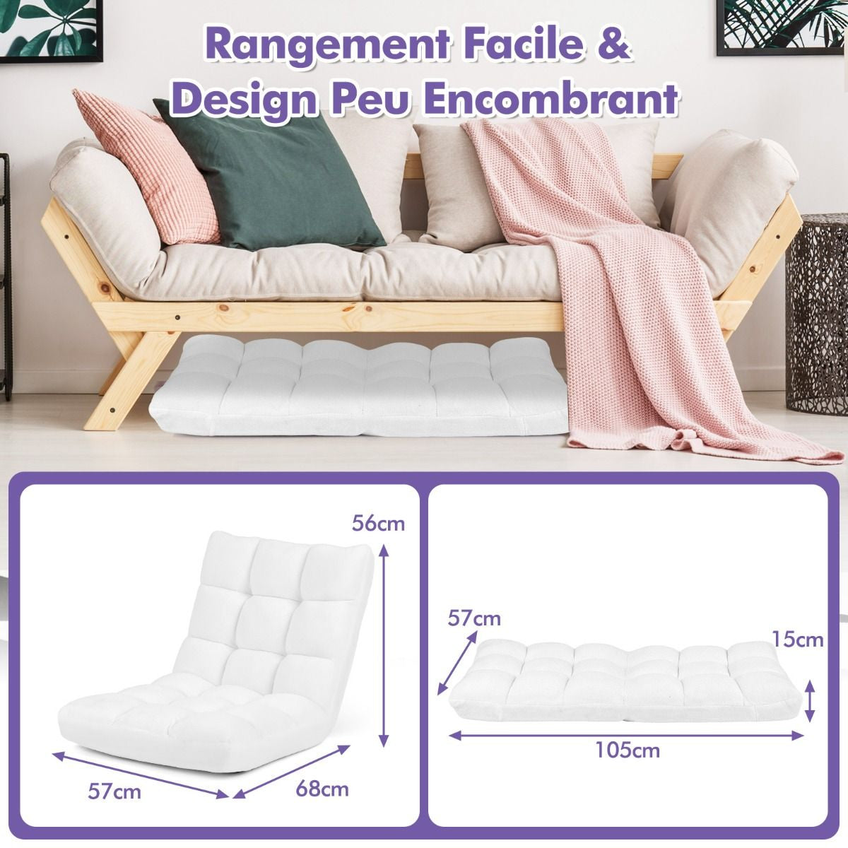Pliable Chaise de Méditation Canapé-Lit avec 14 Positions Réglables - Dimensions 54,5 x 54,5 x 56 cm - Disponible en 12 Couleurs