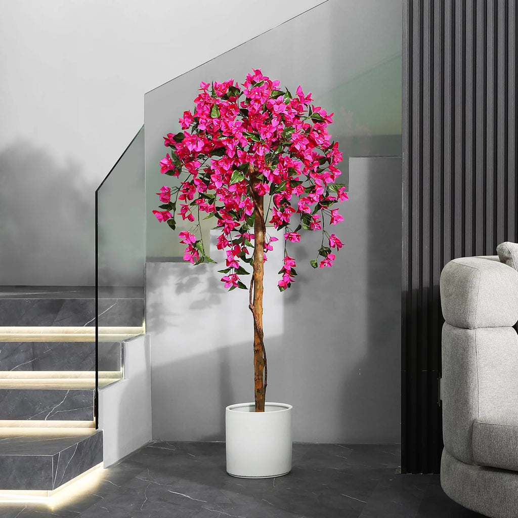 5 Feet Artificial Bougainvillea Flowers Tree in Black Plastic Pot, Indoor Plants with Wood Trunk and Pink Flowers for Housewarming Decor