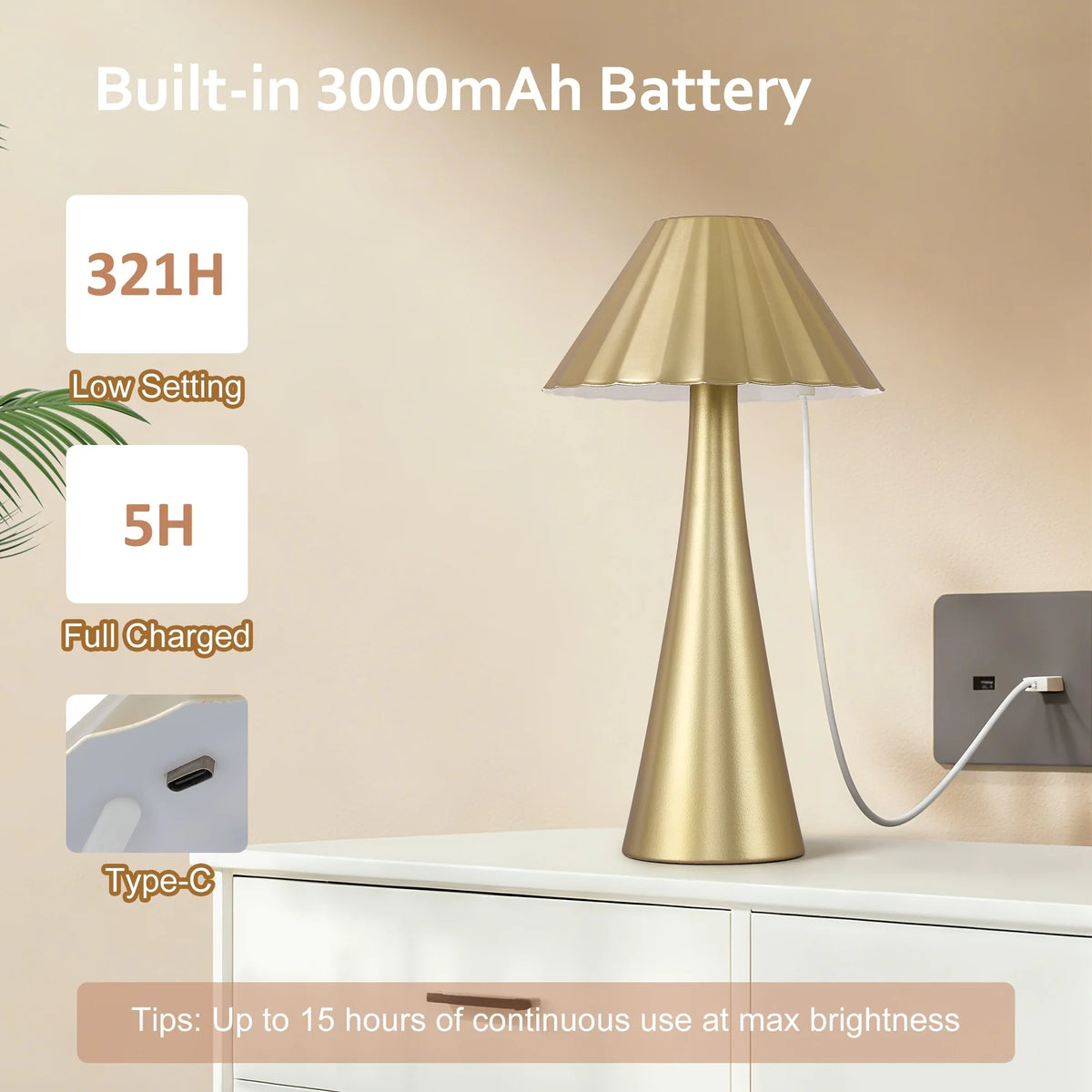 10.5 Inch Modern Mini Table Lamp Set of 2, Small Nightstand Lamp with Top Touch Control and USB Charging, Metal Desk Lamp with Dimmable LED Light for Living Room(Li-Ion Battery,Led)