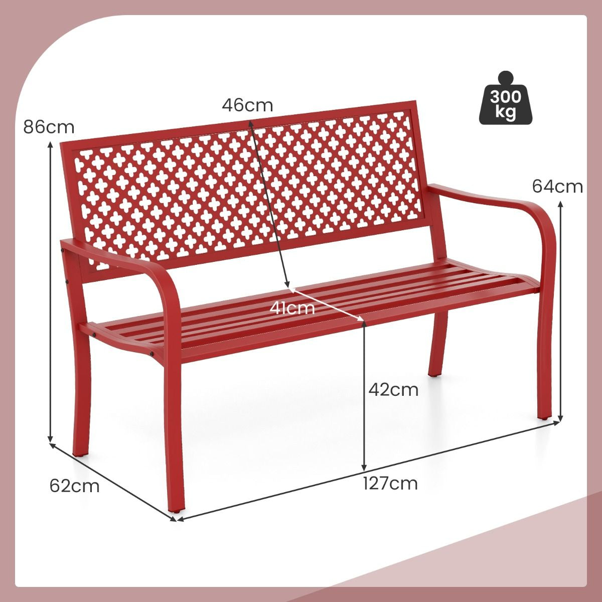 Banc de jardin en métal pour deux personnes, avec dossier ajouré et siège à lattes, moderne, 127 cm, noir/rouge.