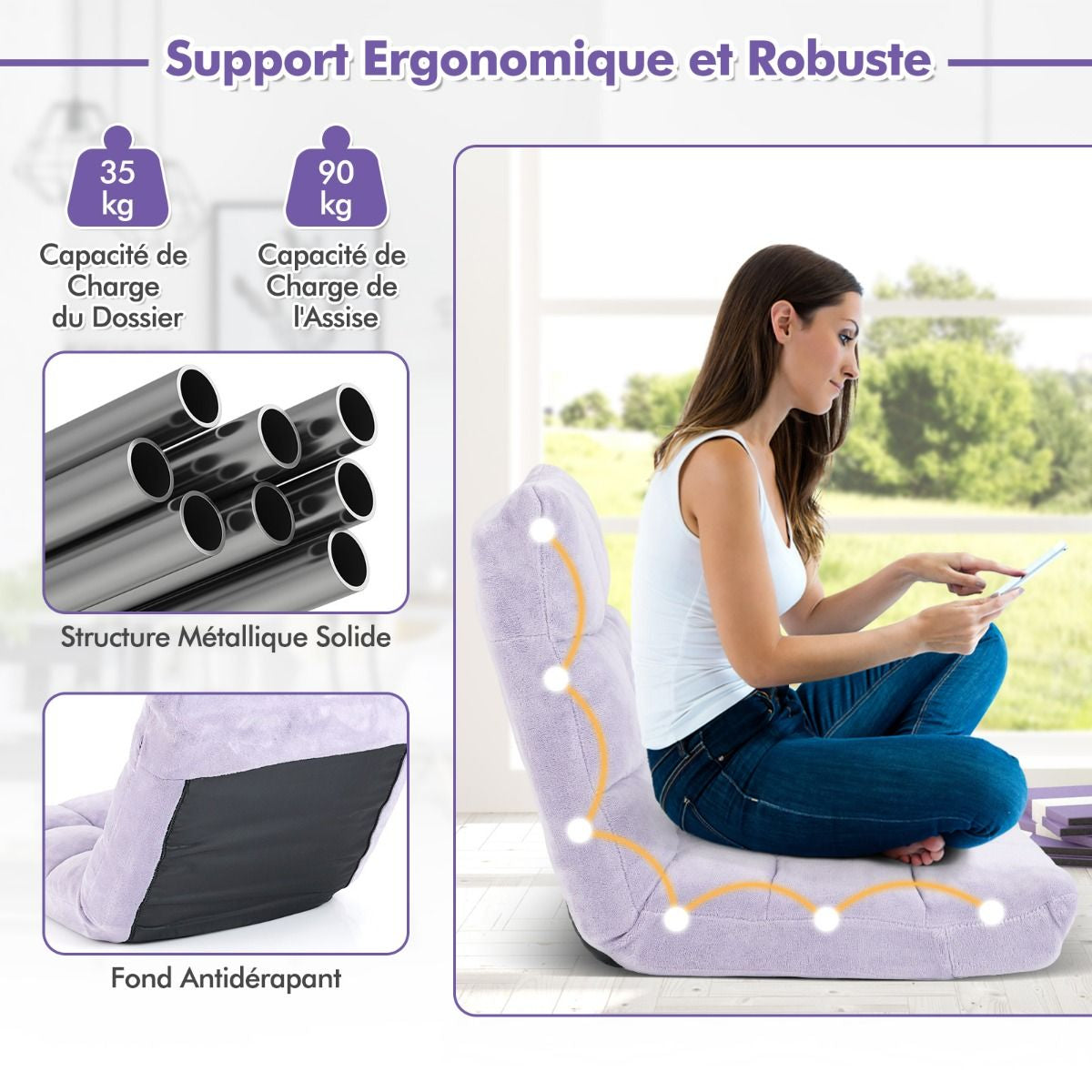 Pliable Chaise de Méditation Canapé-Lit avec 14 Positions Réglables - Dimensions 54,5 x 54,5 x 56 cm - Disponible en 12 Couleurs