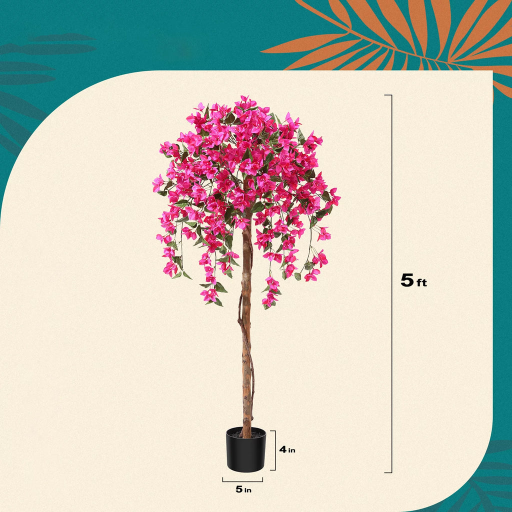 5 Feet Artificial Bougainvillea Flowers Tree in Black Plastic Pot, Indoor Plants with Wood Trunk and Pink Flowers for Housewarming Decor