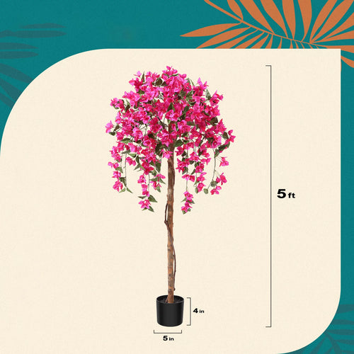 5 Feet Artificial Bougainvillea Flowers Tree in Black Plastic Pot, Indoor Plants with Wood Trunk and Pink Flowers for Housewarming Decor