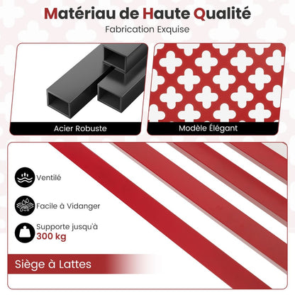 Banc de jardin en métal pour deux personnes, avec dossier ajouré et siège à lattes, moderne, 127 cm, noir/rouge.