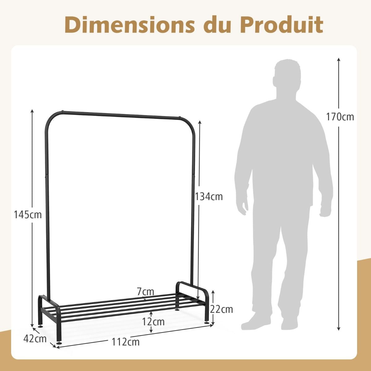 Portant à Vêtements avec Étagère à Chaussures, Hauteur 145 cm, Tube en Fer, 4 Pieds Réglables, Noir