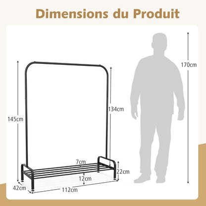 Portant à Vêtements avec Étagère à Chaussures, Hauteur 145 cm, Tube en Fer, 4 Pieds Réglables, Noir