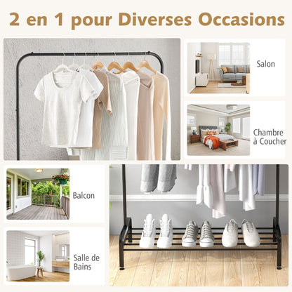 Portant à Vêtements avec Étagère à Chaussures, Hauteur 145 cm, Tube en Fer, 4 Pieds Réglables, Noir