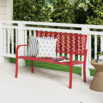 Banc de jardin en métal pour deux personnes, avec dossier ajouré et siège à lattes, moderne, 127 cm, noir/rouge.