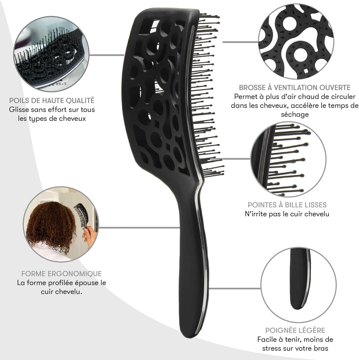 Brosse Démêlante pour Cheveux Bouclés - Noir