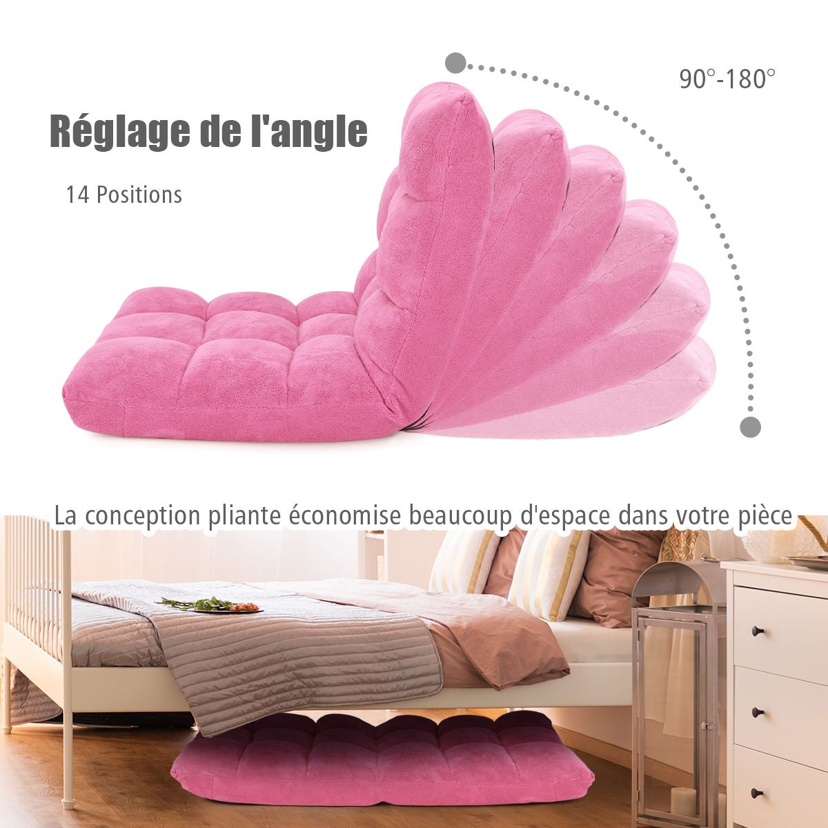 Pliable Chaise de Méditation Canapé-Lit avec 14 Positions Réglables - Dimensions 54,5 x 54,5 x 56 cm - Disponible en 12 Couleurs