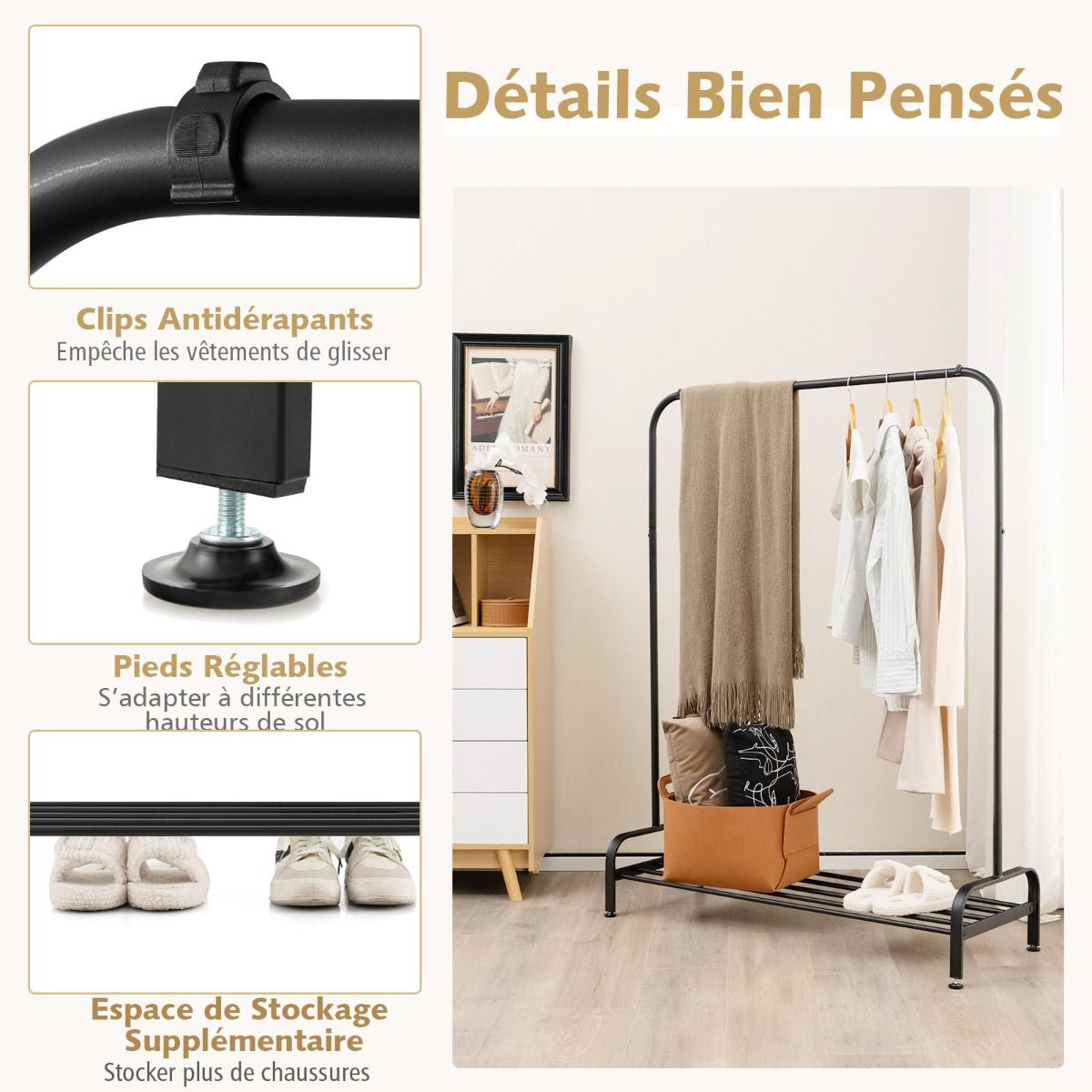 Portant à Vêtements avec Étagère à Chaussures, Hauteur 145 cm, Tube en Fer, 4 Pieds Réglables, Noir