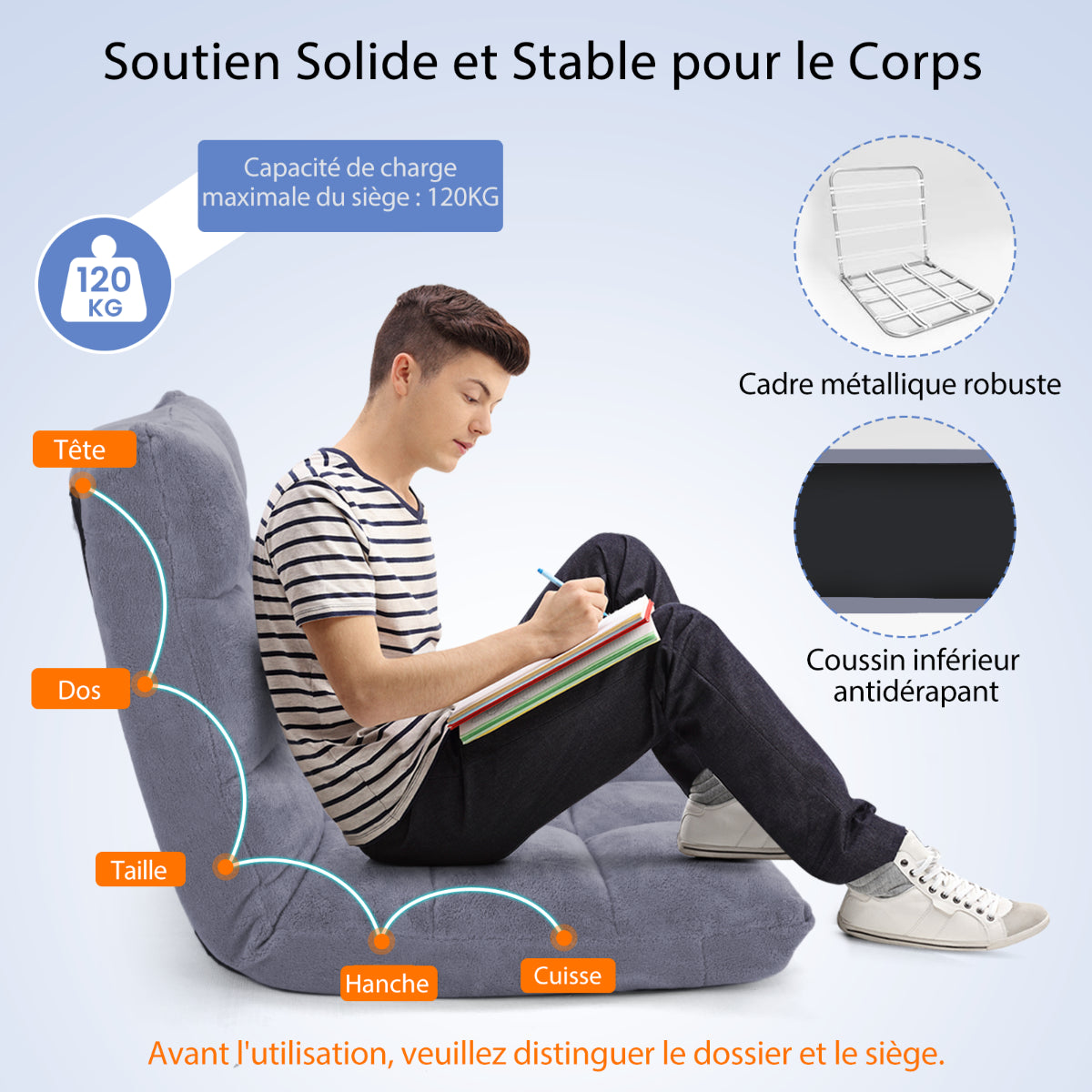 Pliable Chaise de Méditation Canapé-Lit avec 14 Positions Réglables - Dimensions 54,5 x 54,5 x 56 cm - Disponible en 12 Couleurs