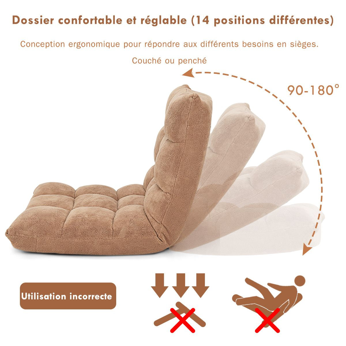 Pliable Chaise de Méditation Canapé-Lit avec 14 Positions Réglables - Dimensions 54,5 x 54,5 x 56 cm - Disponible en 12 Couleurs