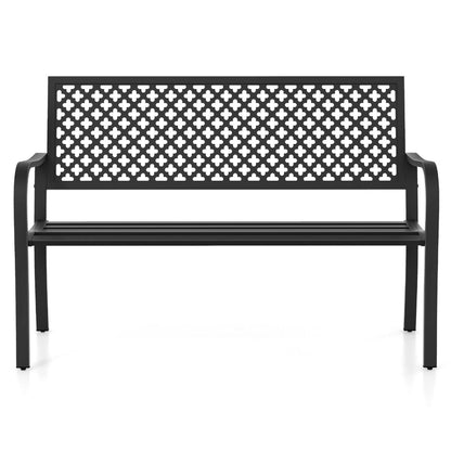 Banc de jardin en métal pour deux personnes, avec dossier ajouré et siège à lattes, moderne, 127 cm, noir/rouge.