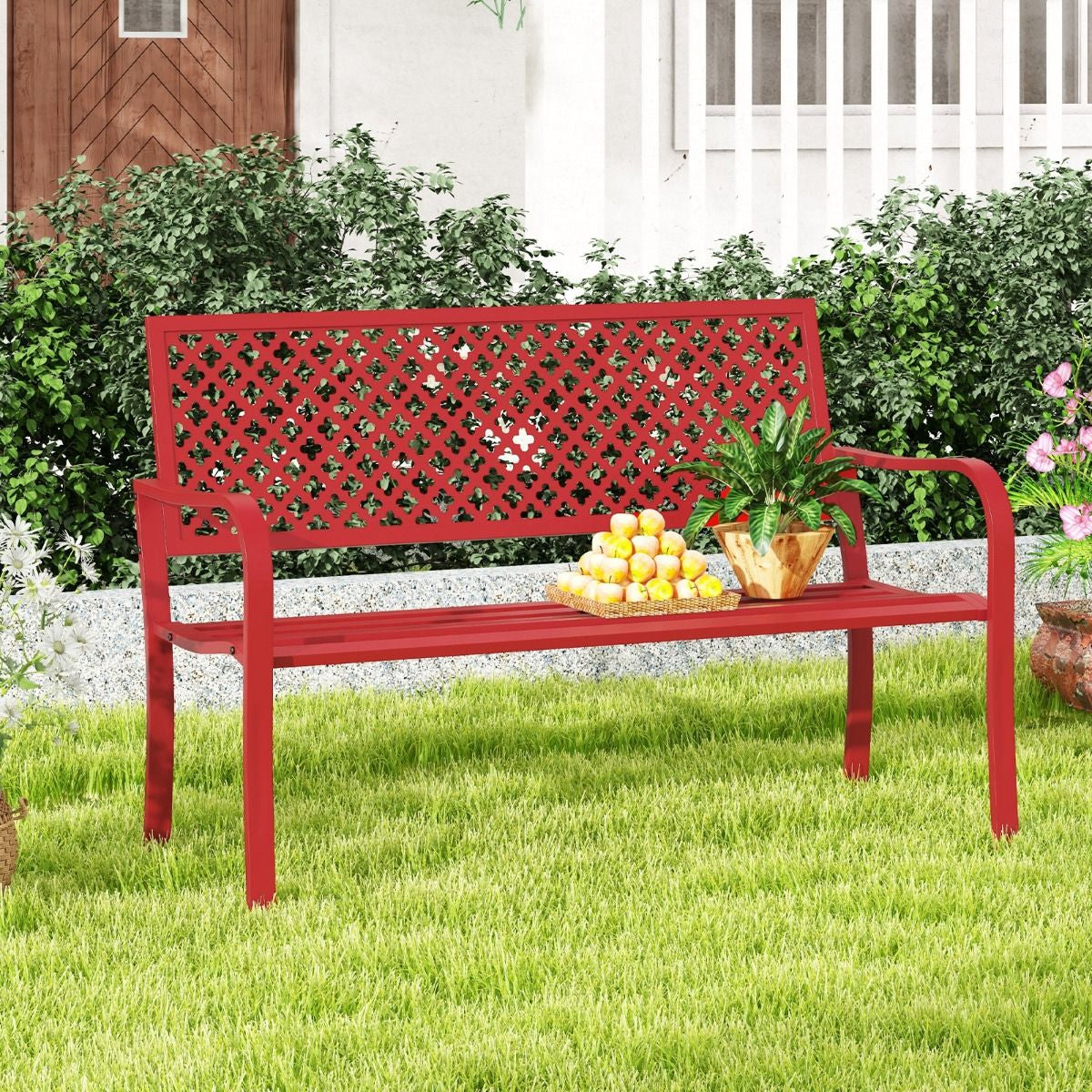 Banc de jardin en métal pour deux personnes, avec dossier ajouré et siège à lattes, moderne, 127 cm, noir/rouge.