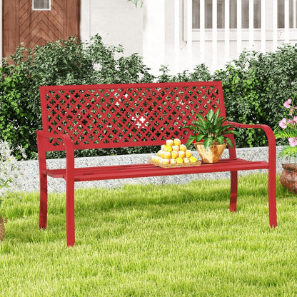 Banc de jardin en métal pour deux personnes, avec dossier ajouré et siège à lattes, moderne, 127 cm, noir/rouge.