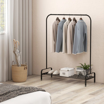Portant à Vêtements avec Étagère à Chaussures, Hauteur 145 cm, Tube en Fer, 4 Pieds Réglables, Noir