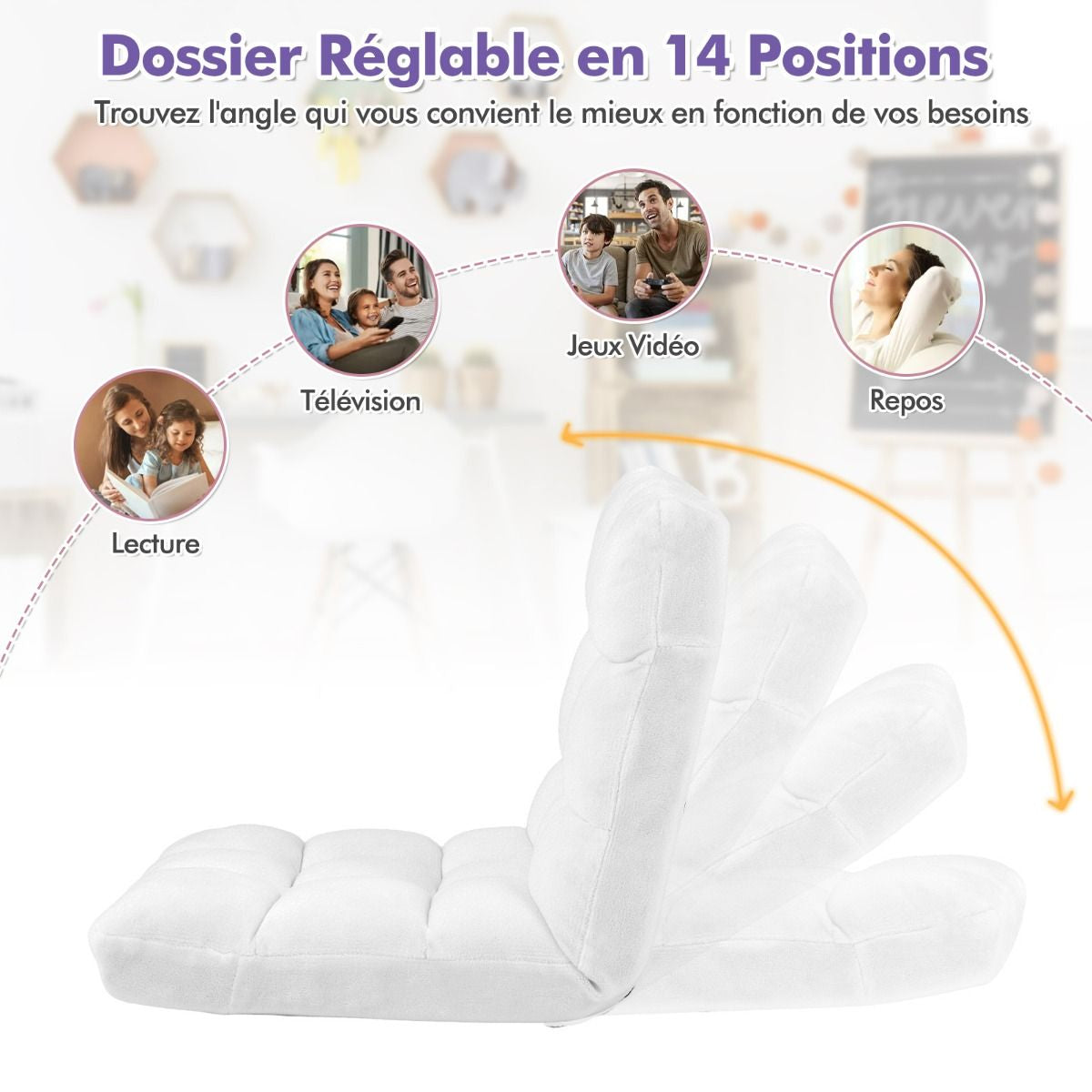 Pliable Chaise de Méditation Canapé-Lit avec 14 Positions Réglables - Dimensions 54,5 x 54,5 x 56 cm - Disponible en 12 Couleurs