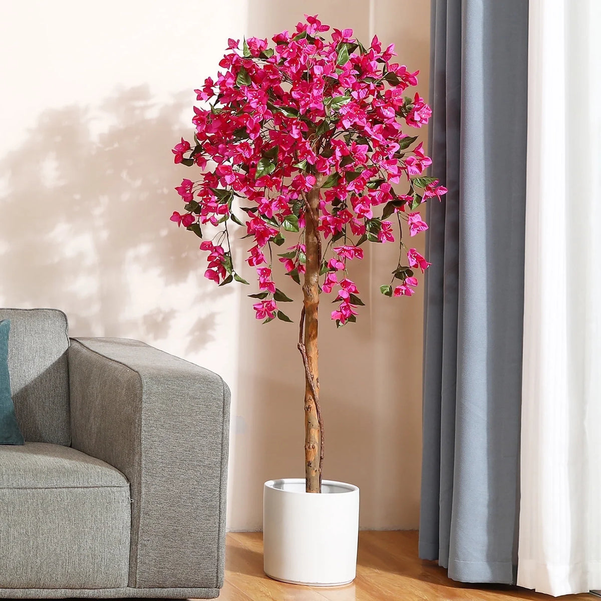5 Feet Artificial Bougainvillea Flowers Tree in Black Plastic Pot, Indoor Plants with Wood Trunk and Pink Flowers for Housewarming Decor