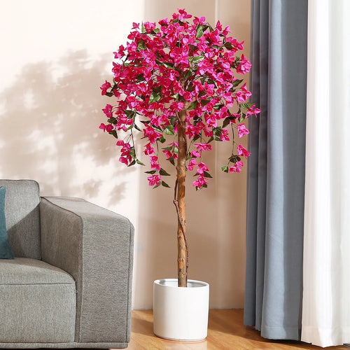 5 Feet Artificial Bougainvillea Flowers Tree in Black Plastic Pot, Indoor Plants with Wood Trunk and Pink Flowers for Housewarming Decor
