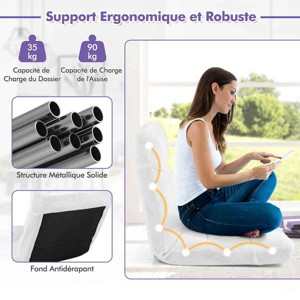 Pliable Chaise de Méditation Canapé-Lit avec 14 Positions Réglables - Dimensions 54,5 x 54,5 x 56 cm - Disponible en 12 Couleurs