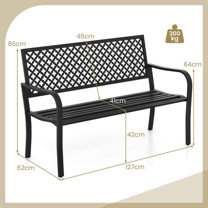 Banc de jardin en métal pour deux personnes, avec dossier ajouré et siège à lattes, moderne, 127 cm, noir/rouge.