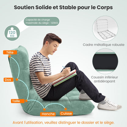 Pliable Chaise de Méditation Canapé-Lit avec 14 Positions Réglables - Dimensions 54,5 x 54,5 x 56 cm - Disponible en 12 Couleurs