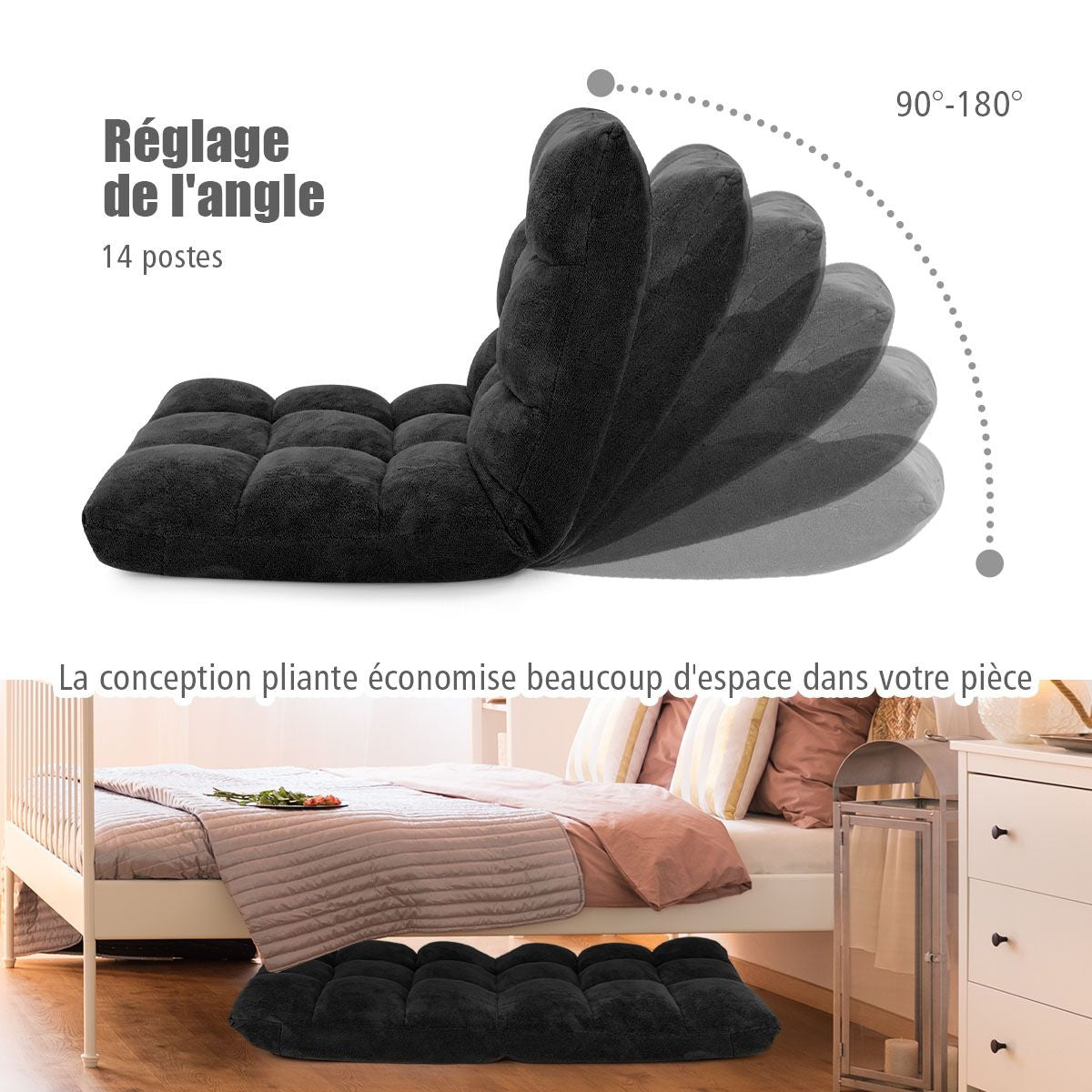 Pliable Chaise de Méditation Canapé-Lit avec 14 Positions Réglables - Dimensions 54,5 x 54,5 x 56 cm - Disponible en 12 Couleurs
