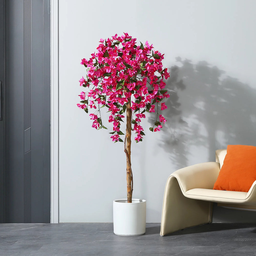 5 Feet Artificial Bougainvillea Flowers Tree in Black Plastic Pot, Indoor Plants with Wood Trunk and Pink Flowers for Housewarming Decor