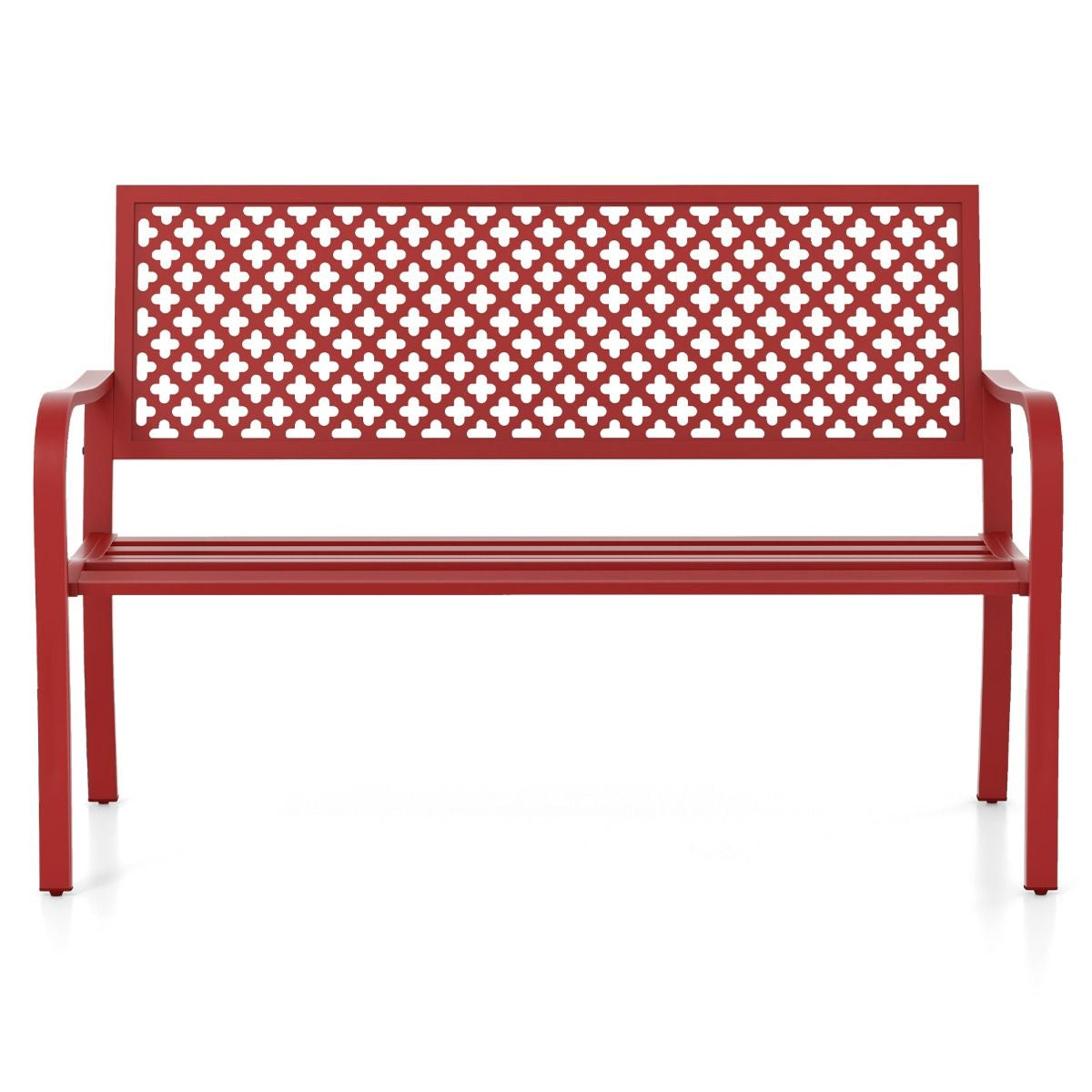 Banc de jardin en métal pour deux personnes, avec dossier ajouré et siège à lattes, moderne, 127 cm, noir/rouge.