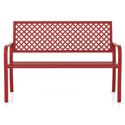 Banc de jardin en métal pour deux personnes, avec dossier ajouré et siège à lattes, moderne, 127 cm, noir/rouge.