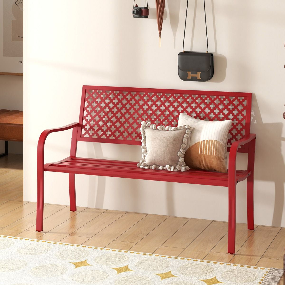 Banc de jardin en métal pour deux personnes, avec dossier ajouré et siège à lattes, moderne, 127 cm, noir/rouge.