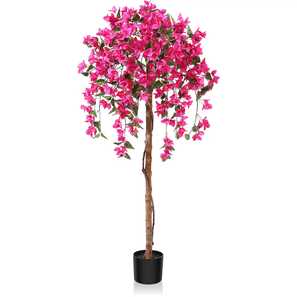 5 Feet Artificial Bougainvillea Flowers Tree in Black Plastic Pot, Indoor Plants with Wood Trunk and Pink Flowers for Housewarming Decor