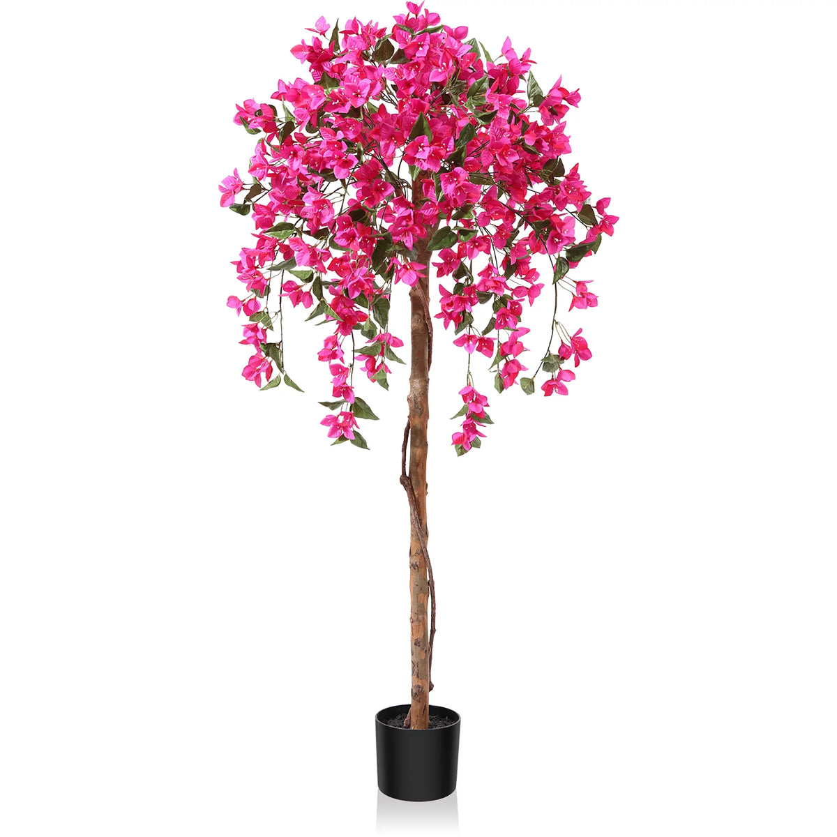 5 Feet Artificial Bougainvillea Flowers Tree in Black Plastic Pot, Indoor Plants with Wood Trunk and Pink Flowers for Housewarming Decor