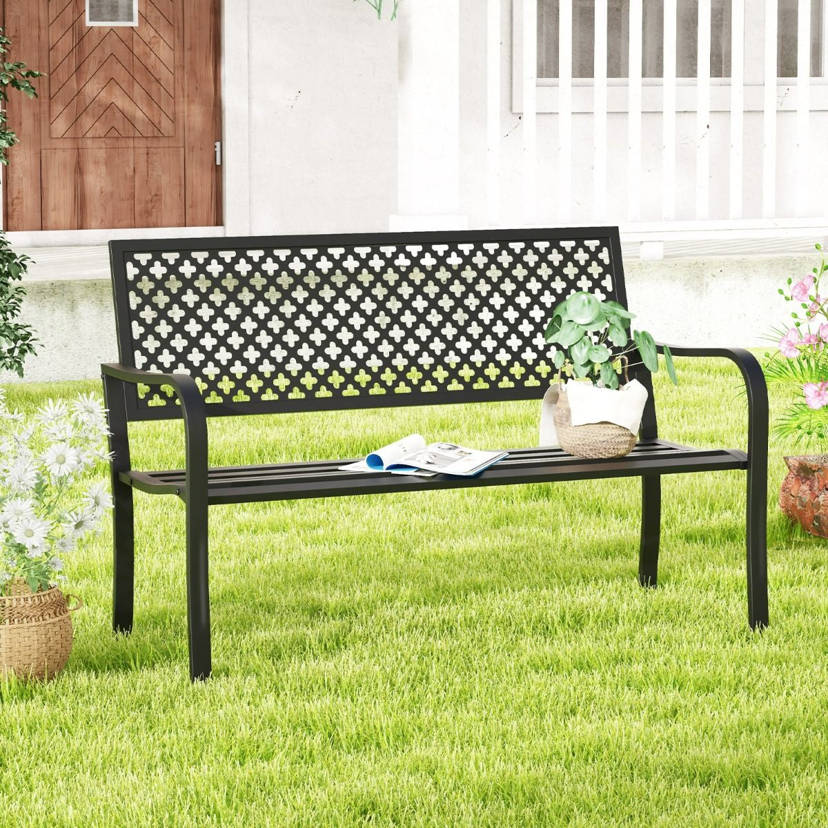 Banc de jardin en métal pour deux personnes, avec dossier ajouré et siège à lattes, moderne, 127 cm, noir/rouge.