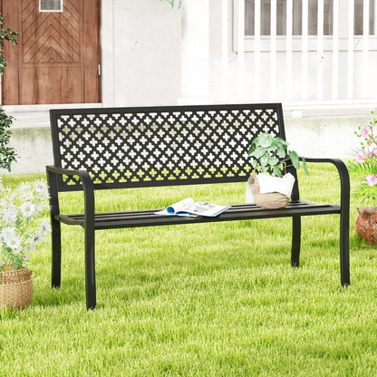 Banc de jardin en métal pour deux personnes, avec dossier ajouré et siège à lattes, moderne, 127 cm, noir/rouge.
