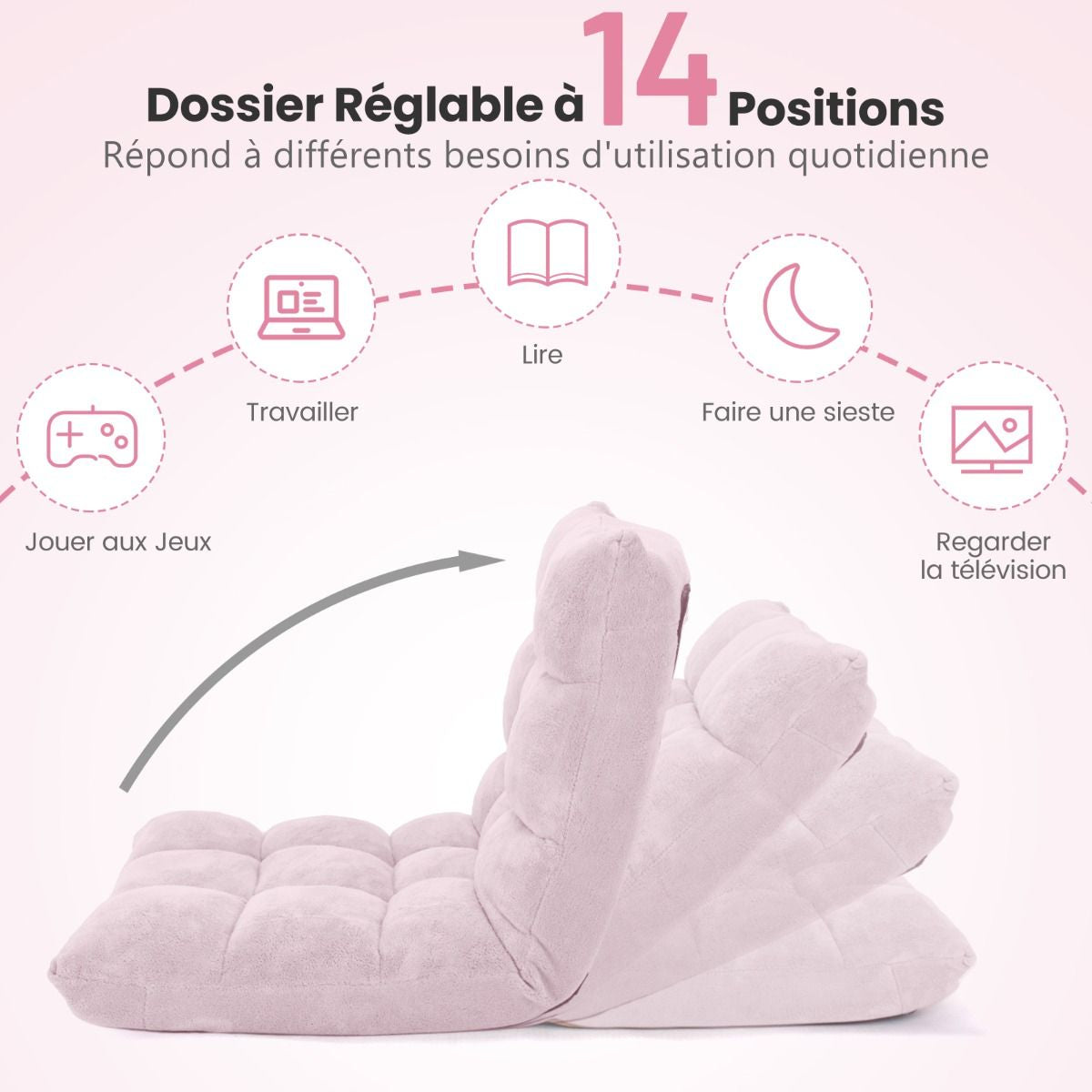 Pliable Chaise de Méditation Canapé-Lit avec 14 Positions Réglables - Dimensions 54,5 x 54,5 x 56 cm - Disponible en 12 Couleurs