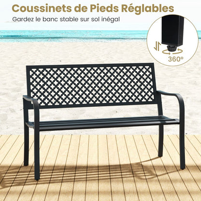 Banc de jardin en métal pour deux personnes, avec dossier ajouré et siège à lattes, moderne, 127 cm, noir/rouge.