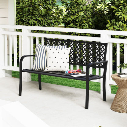 Banc de jardin en métal pour deux personnes, avec dossier ajouré et siège à lattes, moderne, 127 cm, noir/rouge.