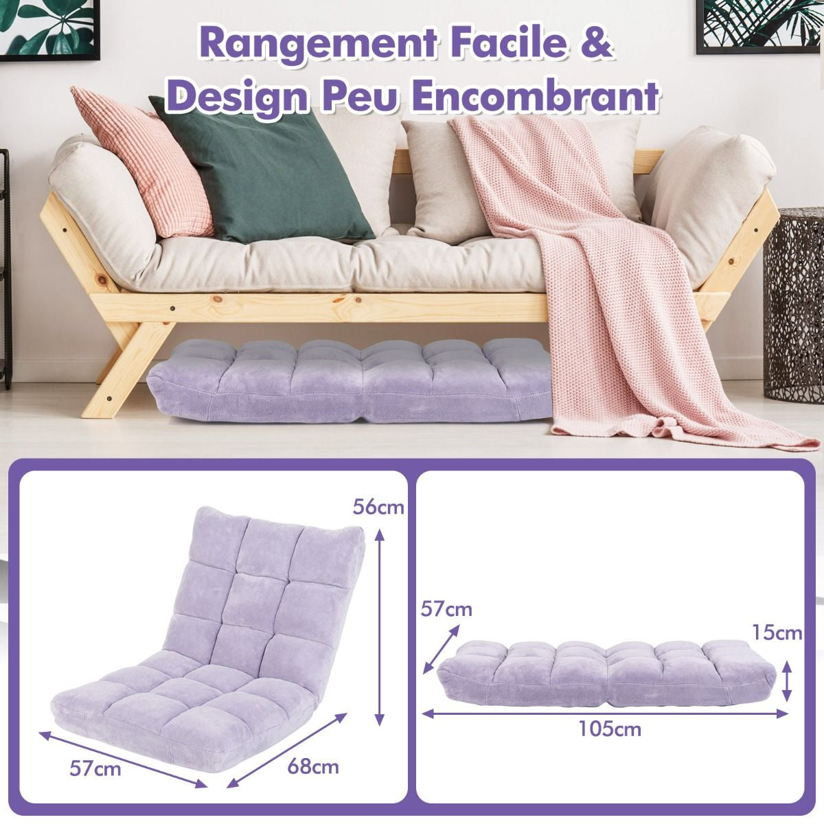 Pliable Chaise de Méditation Canapé-Lit avec 14 Positions Réglables - Dimensions 54,5 x 54,5 x 56 cm - Disponible en 12 Couleurs