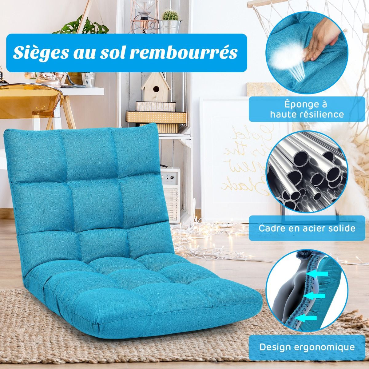 Pliable Chaise de Méditation Canapé-Lit avec 14 Positions Réglables - Dimensions 54,5 x 54,5 x 56 cm - Disponible en 12 Couleurs