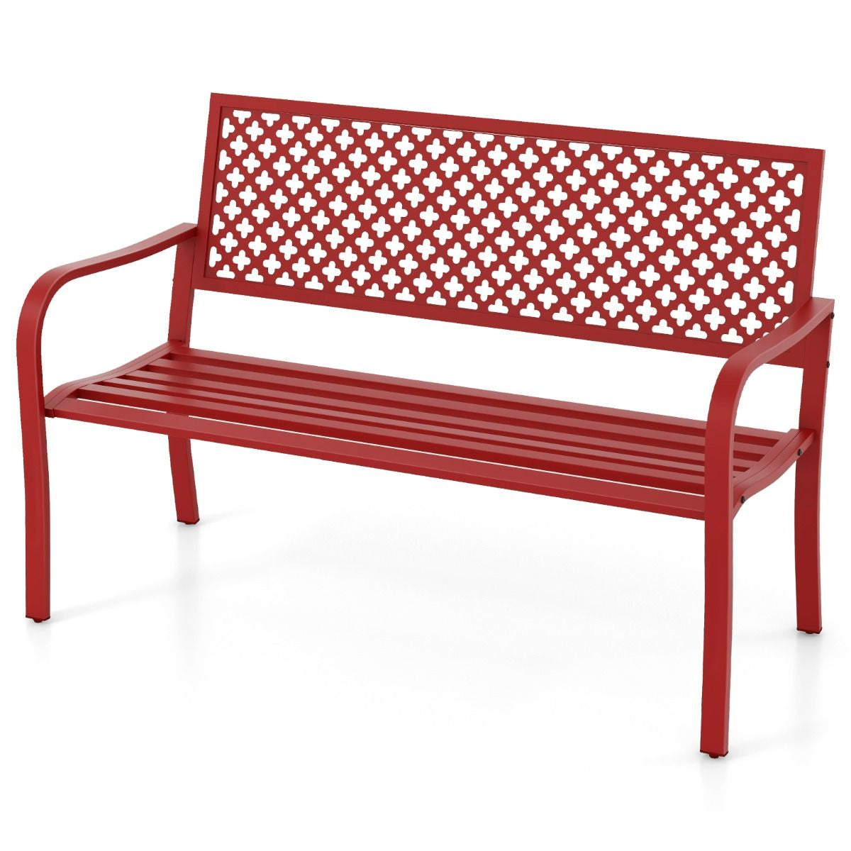 Banc de jardin en métal pour deux personnes, avec dossier ajouré et siège à lattes, moderne, 127 cm, noir/rouge.